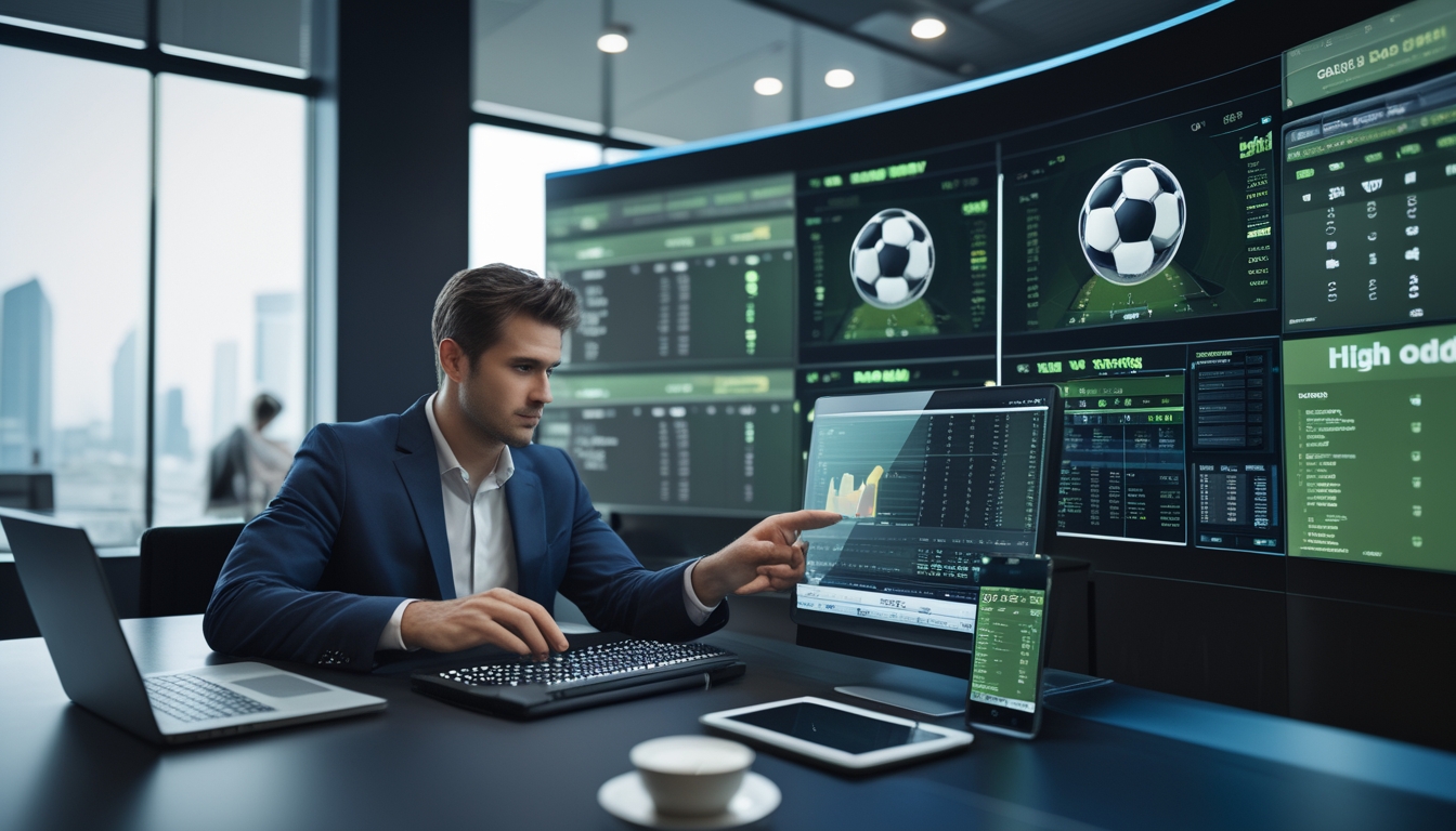 Seorang pria di kantor modern sedang menganalisis statistik pertandingan sepak bola dan data taruhan pada beberapa layar digital.