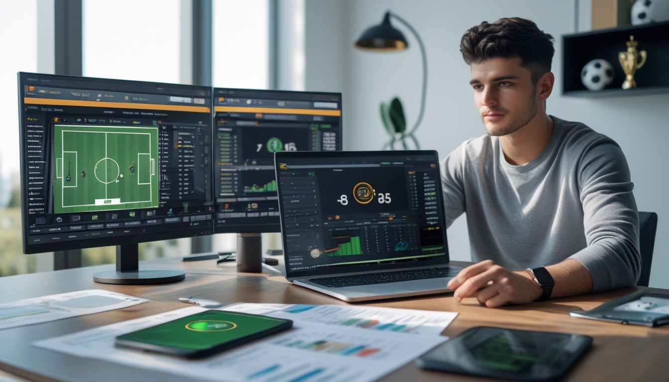 Seorang pria muda sedang menganalisis data taruhan bola di meja kerjanya dengan beberapa layar digital dan perangkat elektronik.