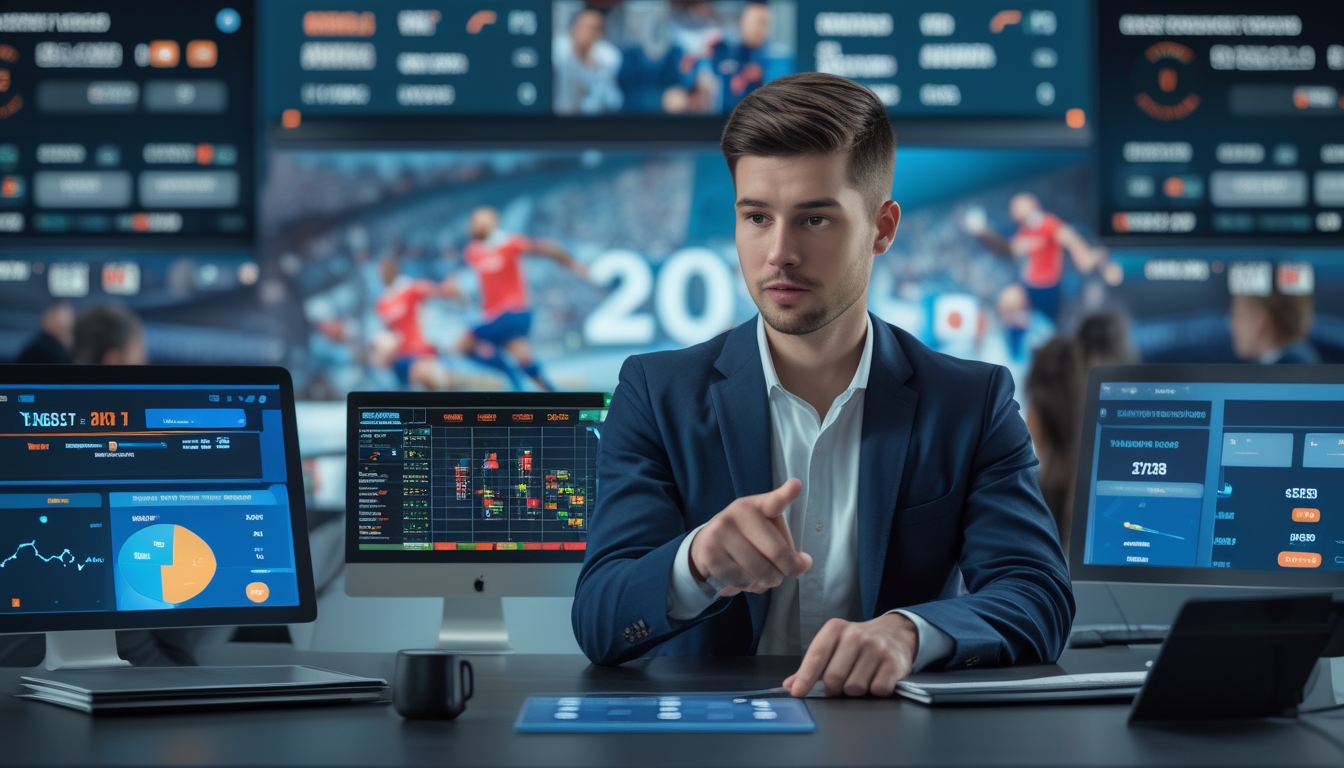 Seorang pria muda sedang menganalisis data taruhan bola dengan beberapa layar digital di kantor modern.