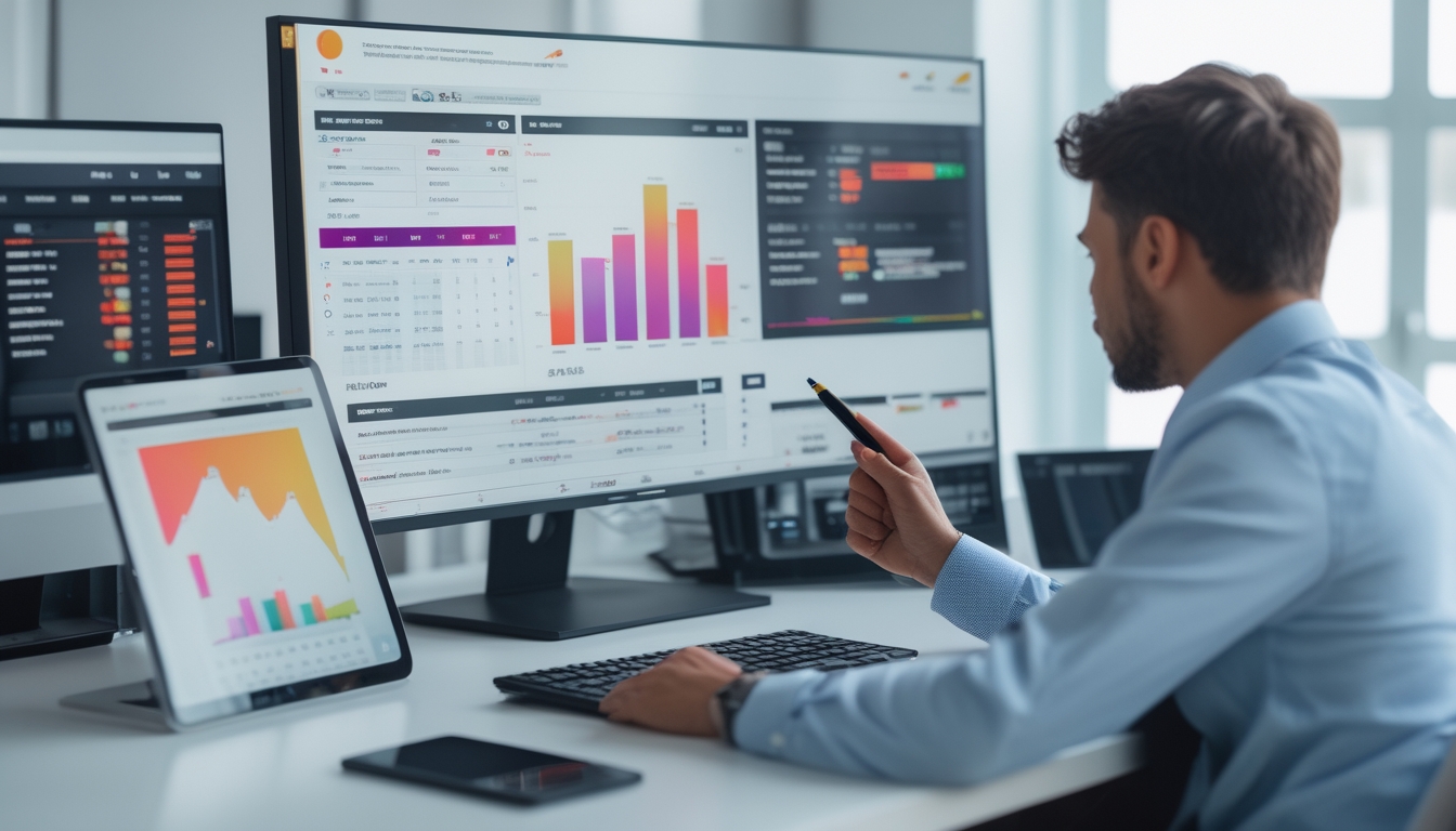 Seorang pria sedang menganalisis data taruhan bola di depan komputer dengan grafik odds dan perangkat digital di meja kerja.