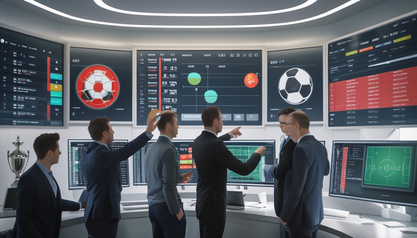 Beberapa orang sedang menganalisis data dan peluang taruhan sepak bola di layar digital dalam ruangan kantor modern.