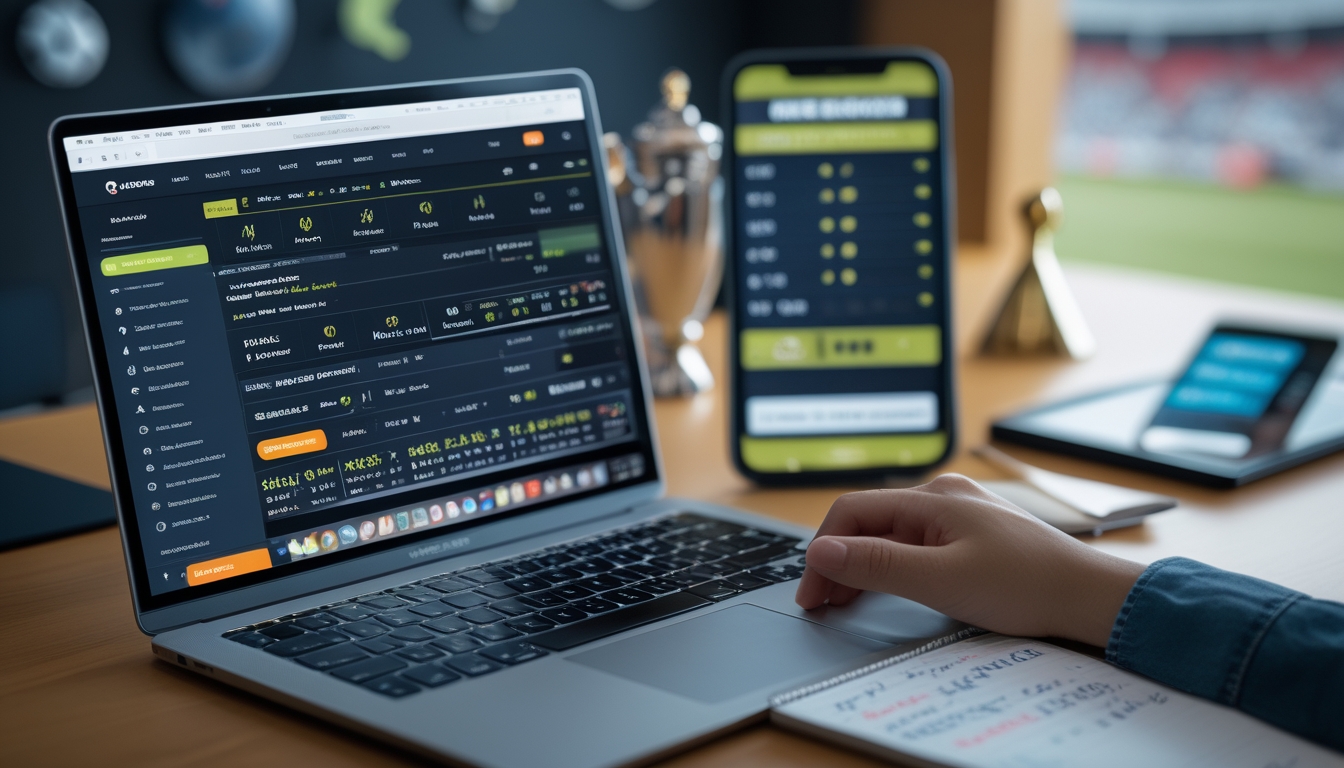 Meja kerja dengan laptop, smartphone, dan catatan yang menampilkan informasi taruhan bola dan statistik.