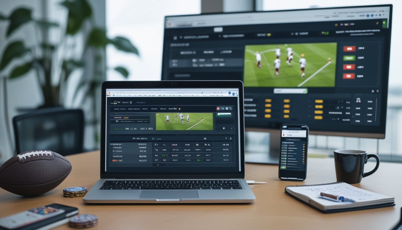 Sebuah ruang kerja dengan laptop yang menampilkan situs taruhan bola, smartphone dengan aplikasi taruhan, catatan strategi, dan layar besar yang menunjukkan pertandingan sepak bola dengan grafik peluang taruhan.