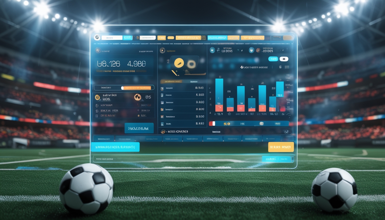 Seorang analis olahraga menunjuk layar digital yang menampilkan statistik dan prediksi pertandingan sepak bola dengan latar belakang stadion penuh penonton.