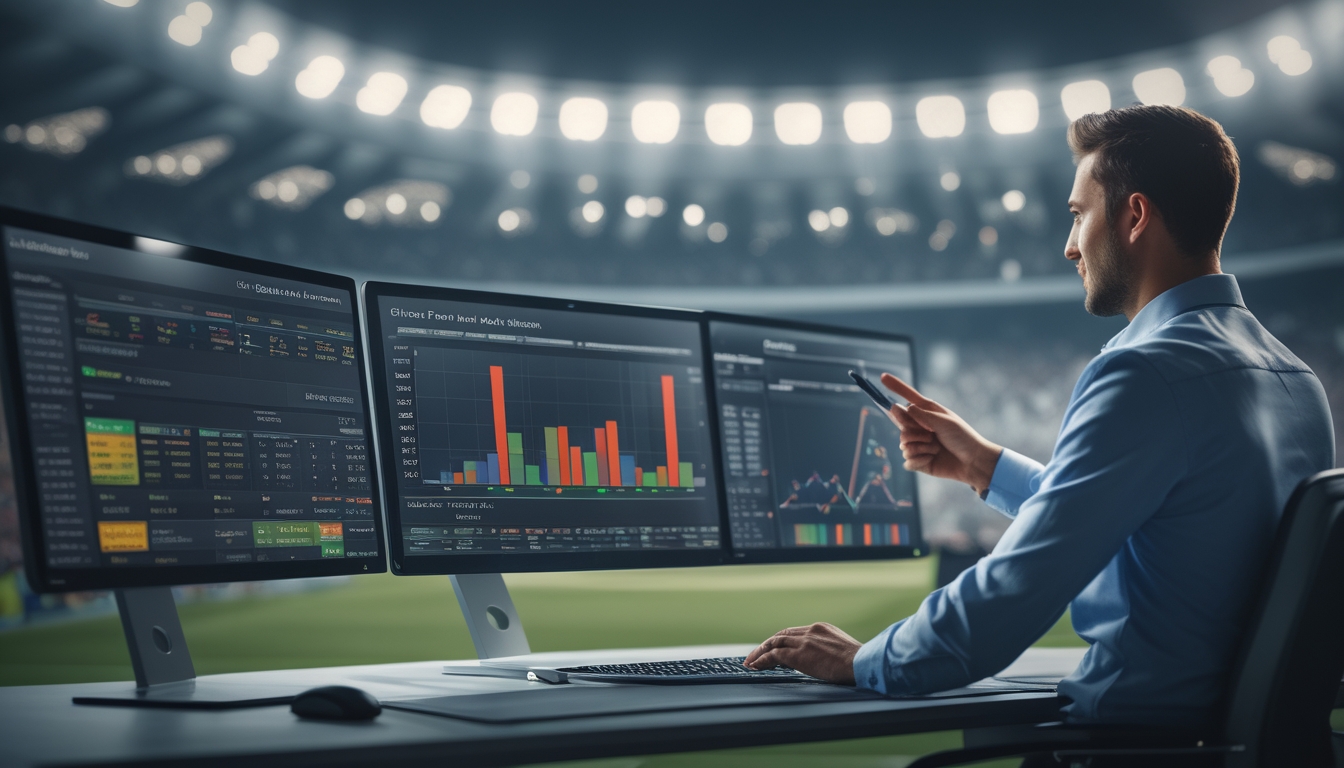 Seorang analis olahraga sedang memeriksa data dan grafik prediksi pertandingan sepak bola di depan beberapa layar komputer dengan latar belakang stadion sepak bola yang ramai.