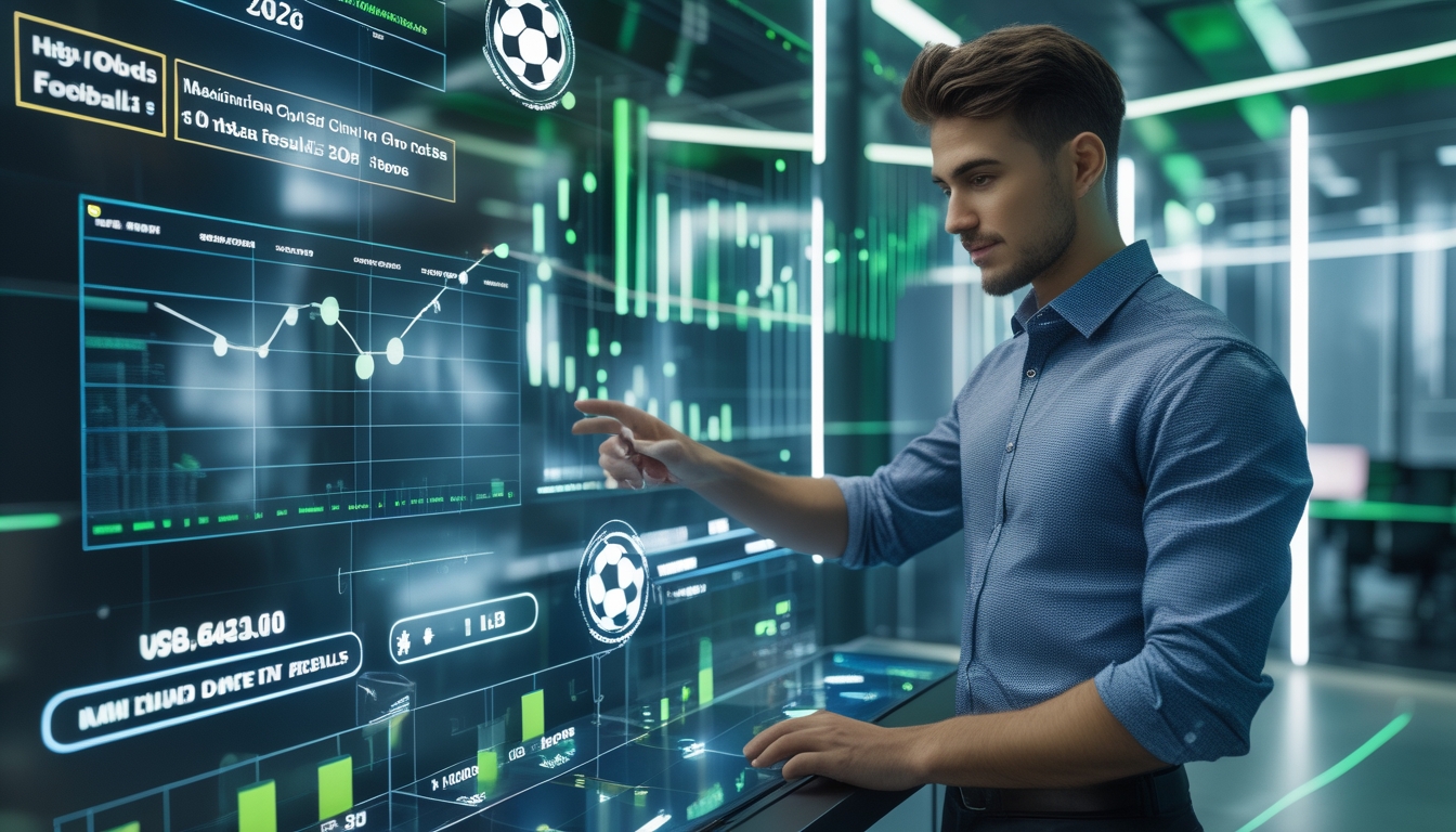Seorang pria muda menggunakan layar sentuh digital dengan grafik dan data taruhan sepak bola di lingkungan kantor futuristik.