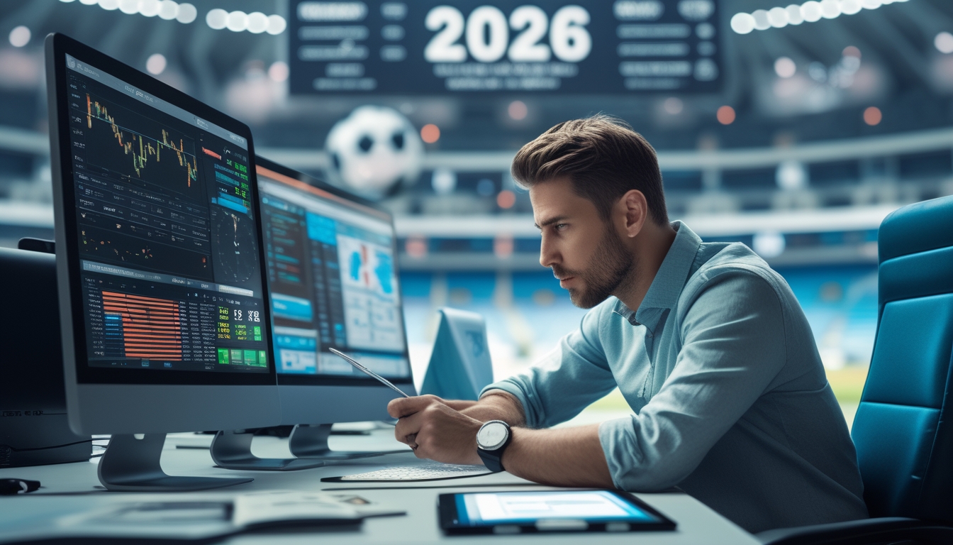 Seorang analis taruhan bola sedang bekerja dengan layar komputer yang menampilkan grafik dan data taruhan di sebuah ruang kerja modern.