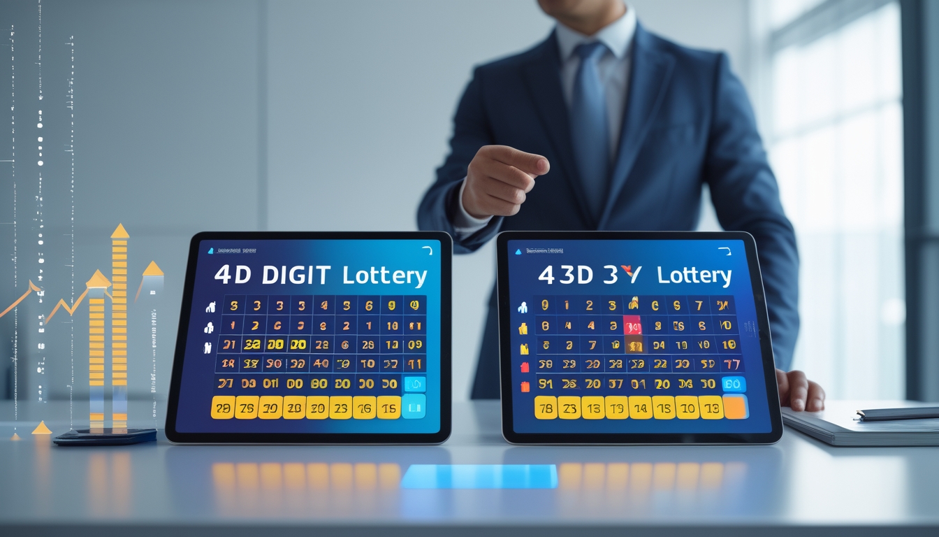 Seseorang sedang membandingkan layar digital yang menampilkan angka togel 4D dan 3D di meja kerja.