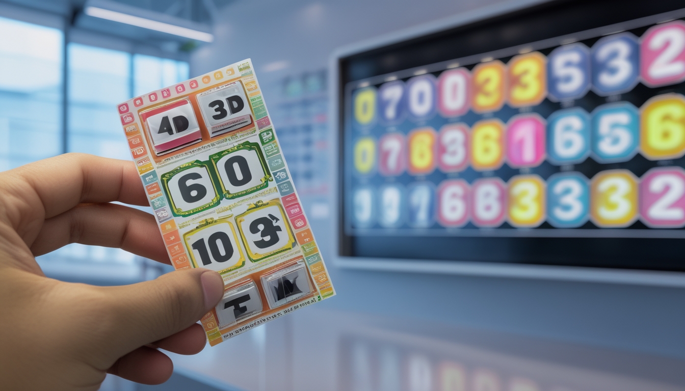 Tangan memegang tiket lotere dengan angka yang jelas, di samping layar digital yang menampilkan angka 4D dan 3D secara berdampingan.