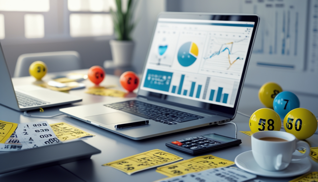 Meja kerja dengan laptop, kalkulator, catatan angka, tiket lotre, dan bola bernomor, menunjukkan suasana analisis peluang dan strategi angka lotre.
