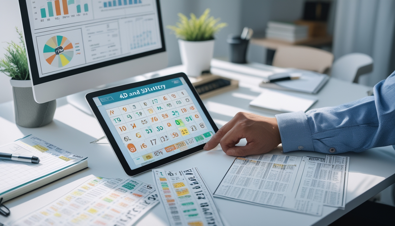 Seseorang sedang menganalisis angka togel 4D dan 3D dengan tablet dan tiket togel di atas meja kerja.