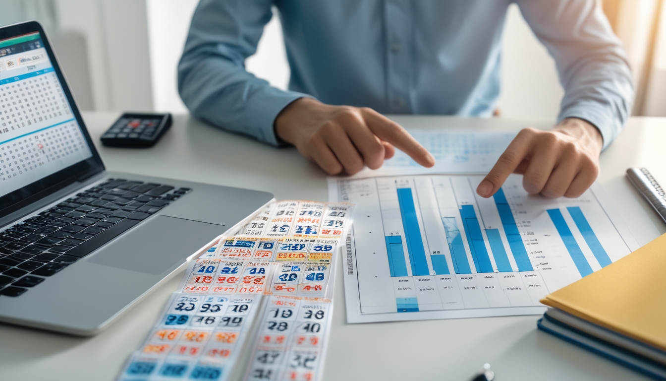 Seorang pria duduk di meja kerja dengan tiket togel dan grafik statistik, sedang menganalisis perbedaan dan mekanisme togel 3D dan 4D.