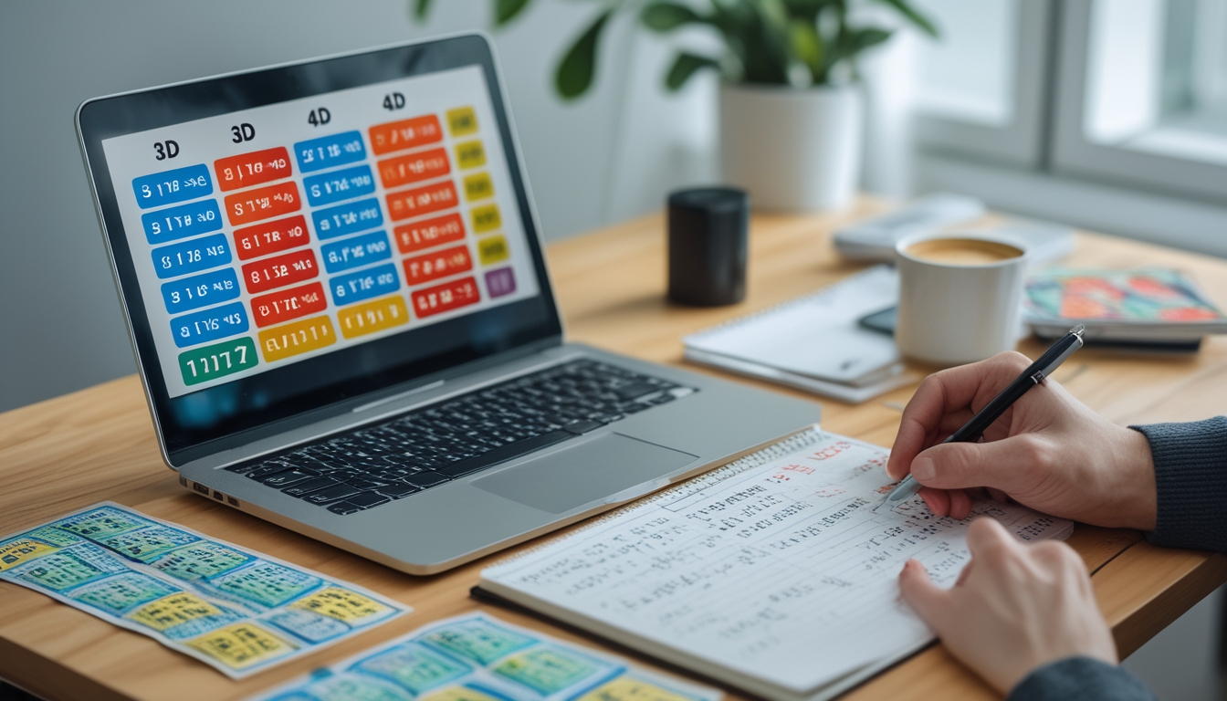 Meja kerja dengan laptop menampilkan angka togel, tangan memegang pena di atas catatan, tiket togel, kalkulator, dan secangkir kopi.
