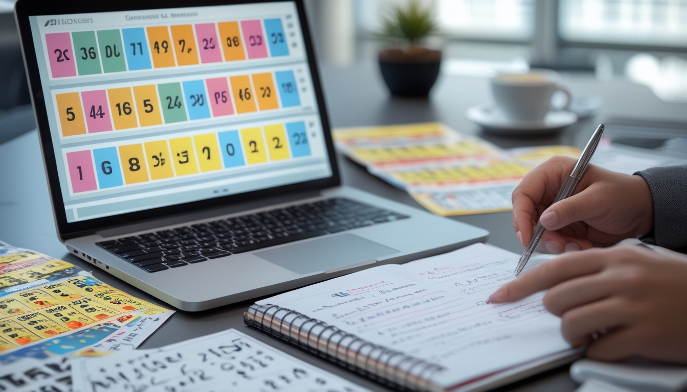 Seseorang sedang menganalisis angka togel 3D dan 4D di meja kerja dengan laptop, catatan, dan tiket togel.