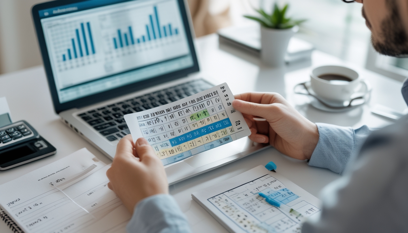Seorang individu sedang memegang tiket togel di depan laptop dengan kalkulator dan catatan di meja kerja.