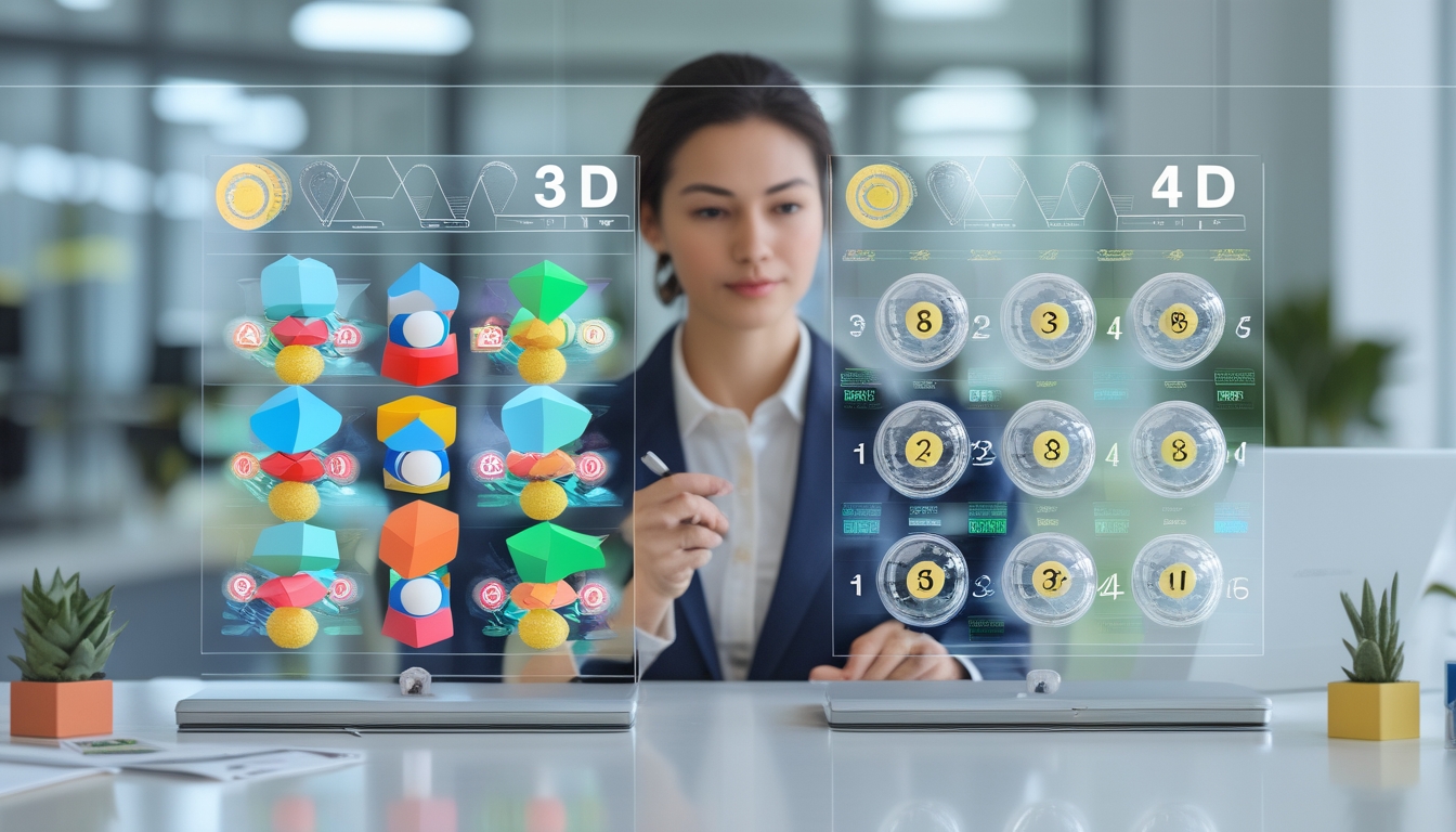 Seseorang sedang membandingkan dua layar digital yang menampilkan sistem togel 3D dan 4D di sebuah ruang kantor yang terang.