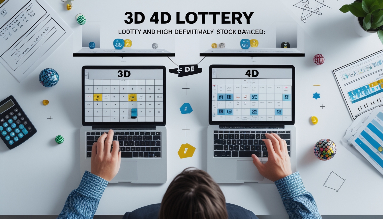 Meja kerja dengan dua perangkat yang menampilkan konsep sistem togel 3D dan 4D, dengan tangan seseorang yang sedang menganalisis data angka.