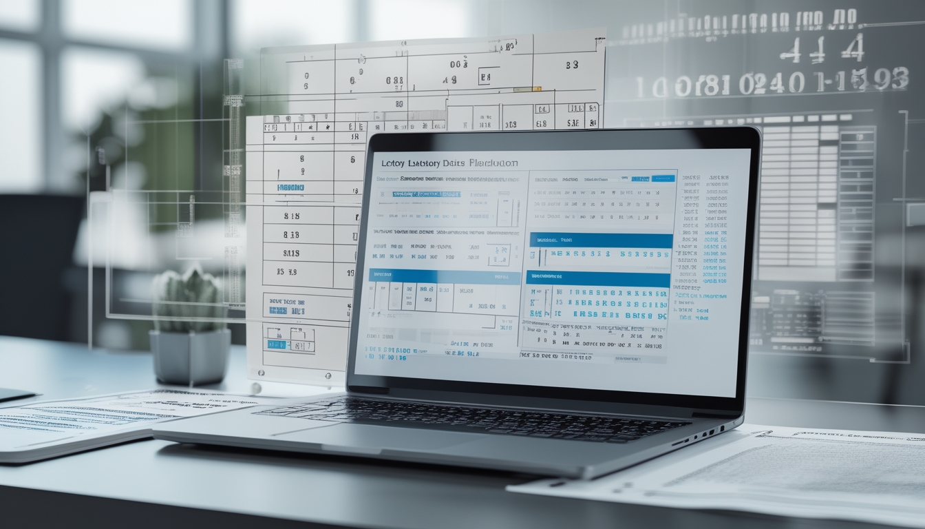Meja kerja dengan laptop yang menampilkan grafik angka dan lembaran kertas berisi tabel angka serta simbol statistik di latar belakang.