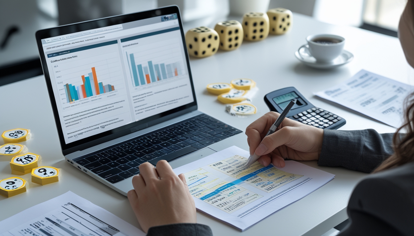 Seseorang sedang menganalisis data statistik dengan laptop dan tiket lotere di atas meja kerja.