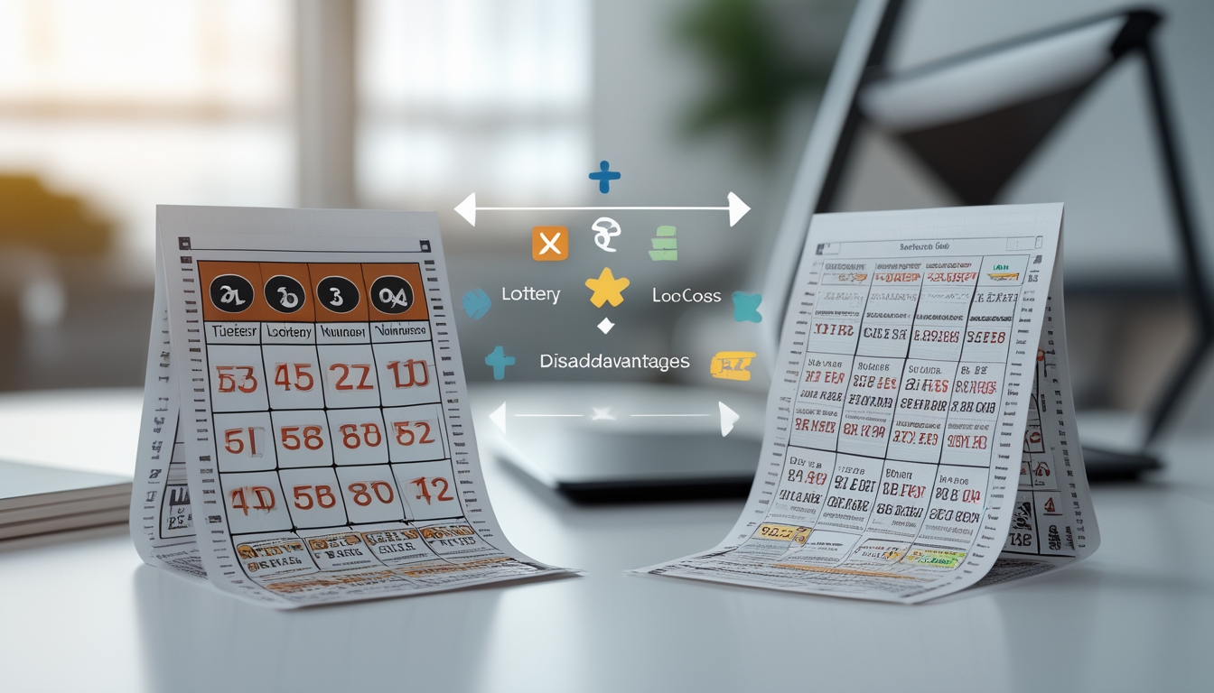 Meja kerja dengan dua tiket lotre, satu menunjukkan angka tiga digit dan satu lagi empat digit, dengan grafik kecil yang menggambarkan kelebihan dan kekurangan di sampingnya.