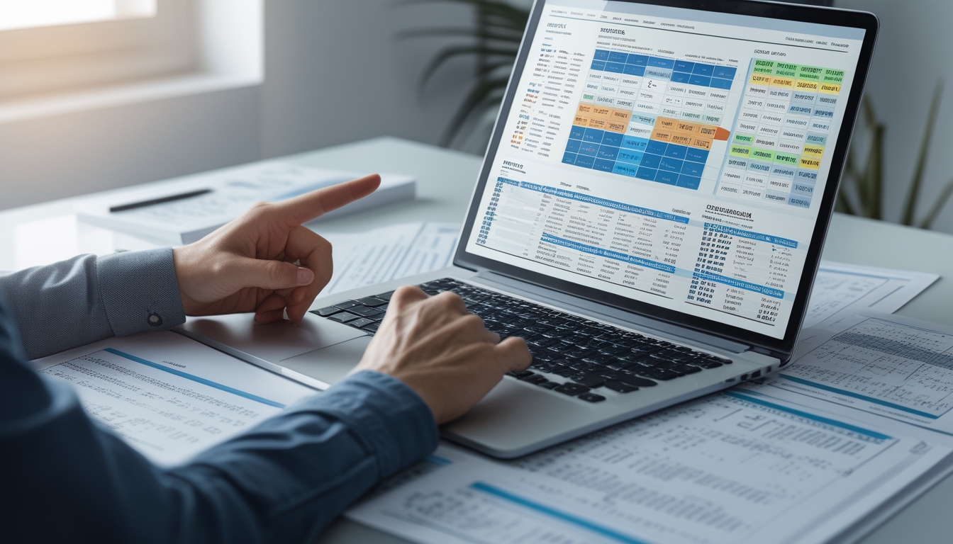 Seseorang sedang menganalisis data angka lotere dengan laptop dan lembaran tabel statistik di meja kerja.