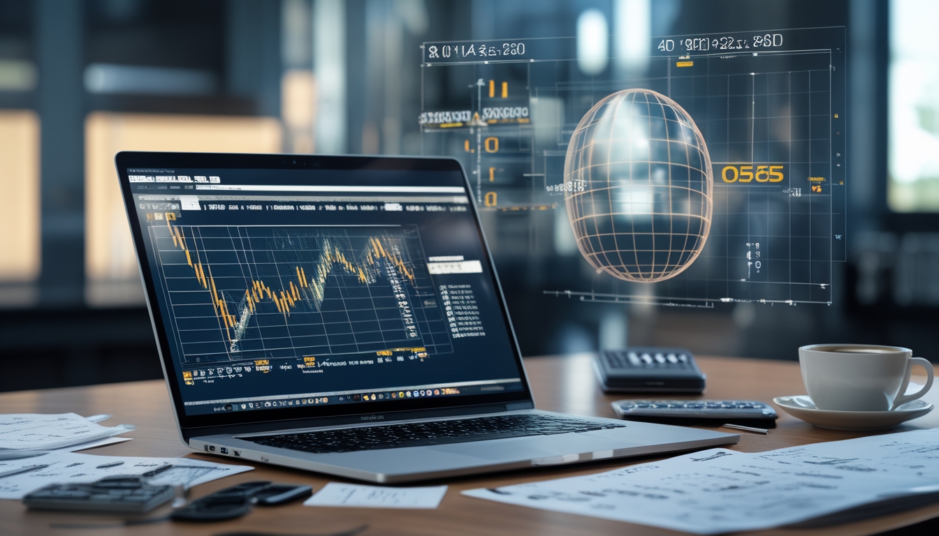Meja kerja dengan laptop yang menampilkan grafik statistik, kertas berisi data angka, kalkulator, dan cangkir kopi, dengan angka togel dan rumus matematika muncul di latar belakang.
