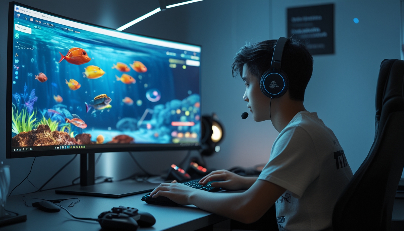 Seseorang sedang bermain game ikan tembak online di depan komputer di ruang kerja yang rapi.