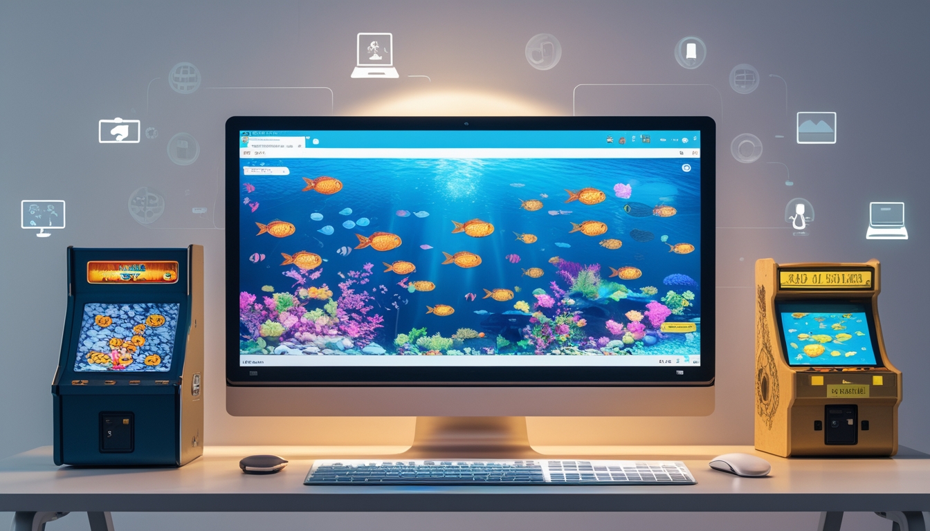 Sebuah komputer dengan layar menampilkan permainan menembak ikan online yang berwarna-warni, dikelilingi oleh elemen yang menunjukkan perkembangan permainan tersebut.