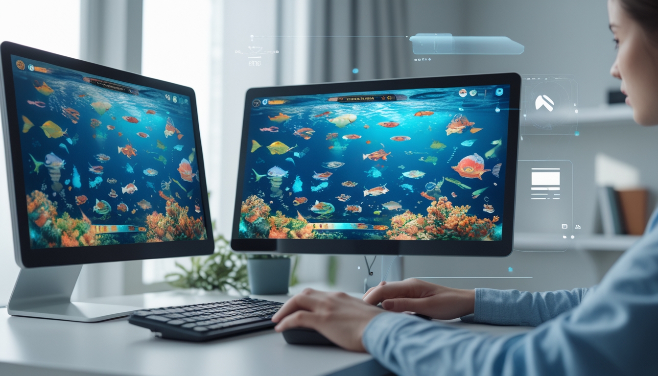 Seseorang bermain game tembak ikan online di komputer dengan layar menampilkan ikan berwarna-warni di bawah laut.