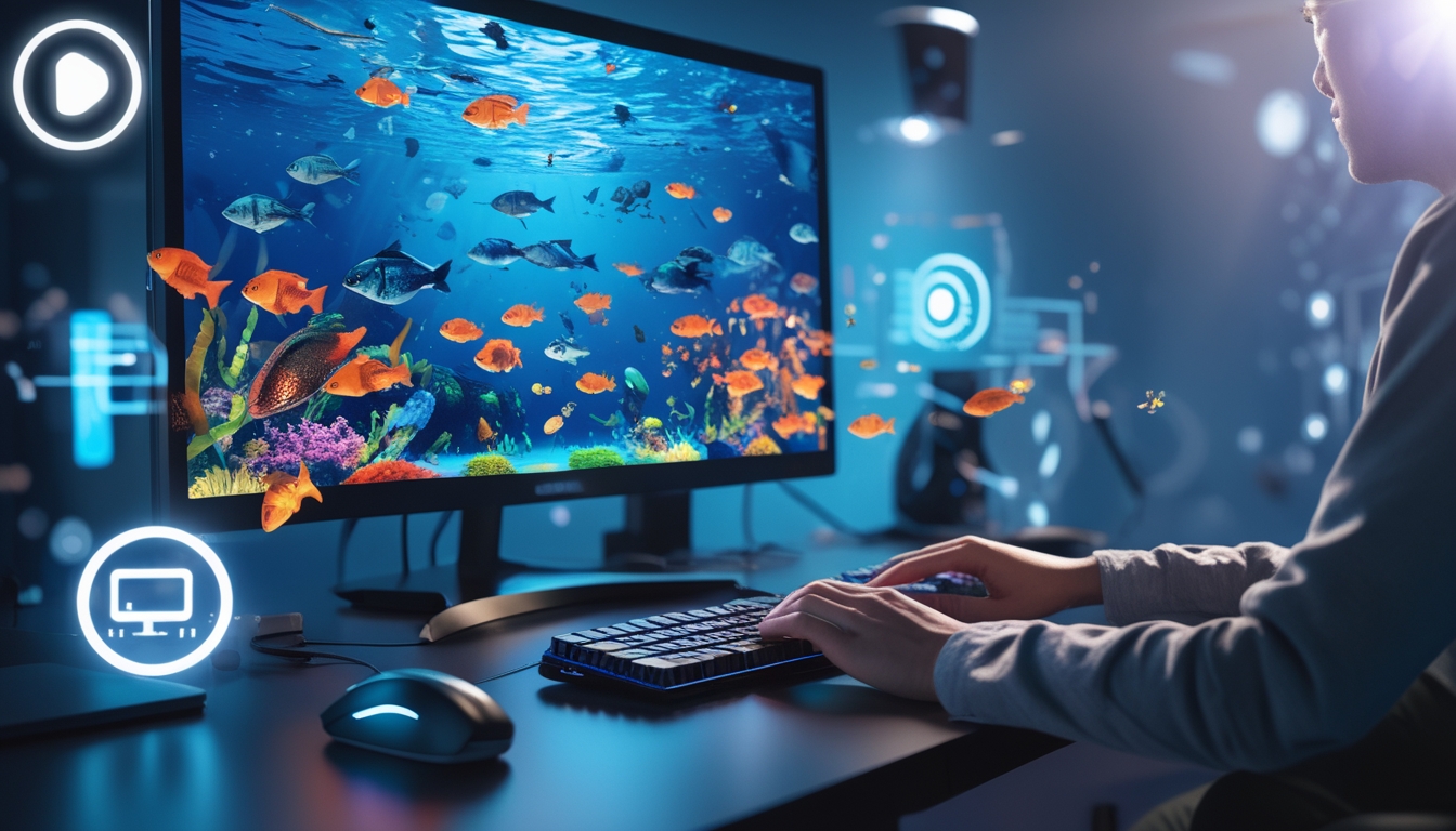 Seseorang menggunakan komputer dengan layar menampilkan permainan tembak ikan online berwarna-warni di bawah laut.