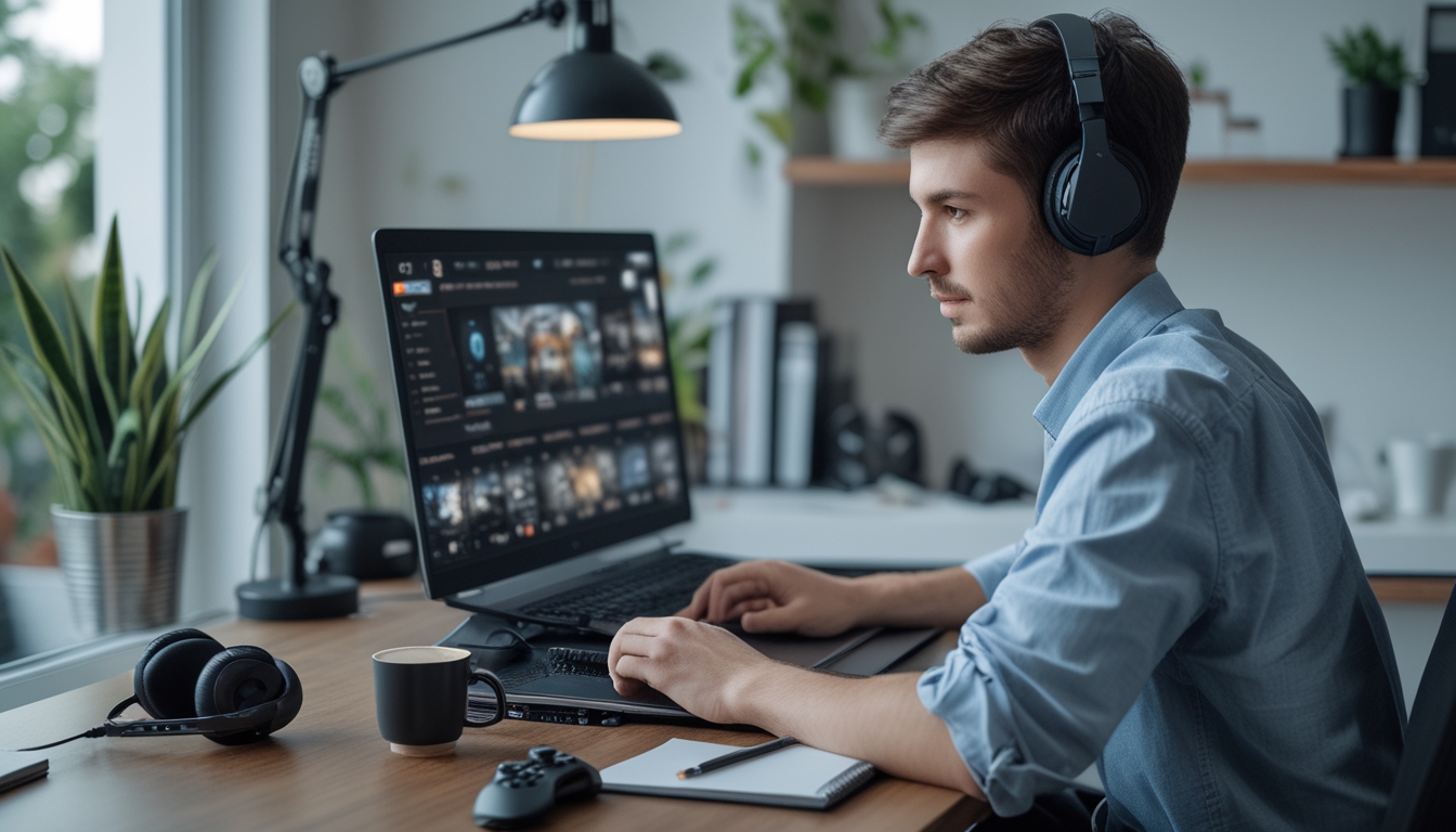 Seseorang duduk di meja dengan laptop dan aksesori game, terlihat fokus memilih platform game online yang aman.