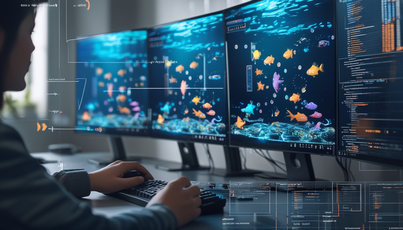 Seseorang menggunakan pengontrol bermain game tembak ikan digital dengan layar komputer menampilkan grafik ikan dan diagram algoritma.