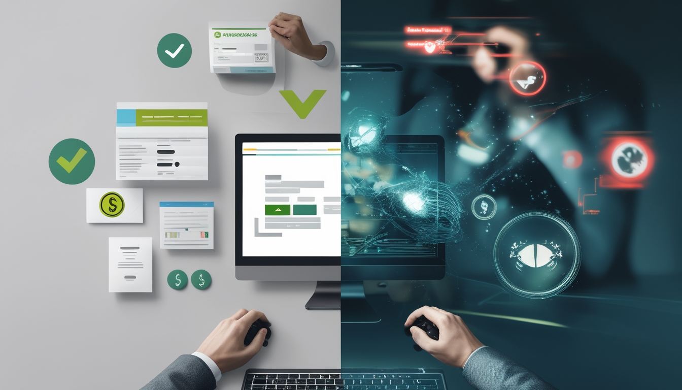 Gambar yang menunjukkan perbedaan antara permainan tembak ikan online legal dan ilegal dengan dua sisi yang kontras, satu sisi bersih dan aman, sisi lain gelap dan berbahaya.