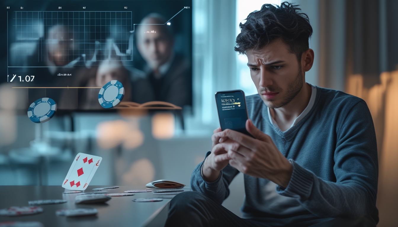 Seorang pria muda duduk sendiri di ruangan redup, terlihat stres sambil memegang ponsel yang menampilkan aplikasi taruhan, dengan kartu dan chip poker di sekitarnya serta bayangan keluarga yang khawatir di latar belakang.