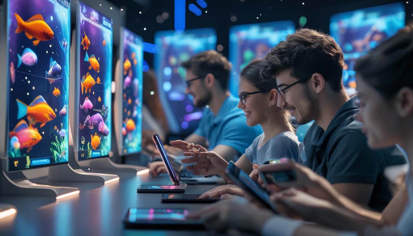 Beberapa orang muda sedang asyik bermain game tembak ikan di perangkat digital dengan layar yang menampilkan ikan berwarna-warni.