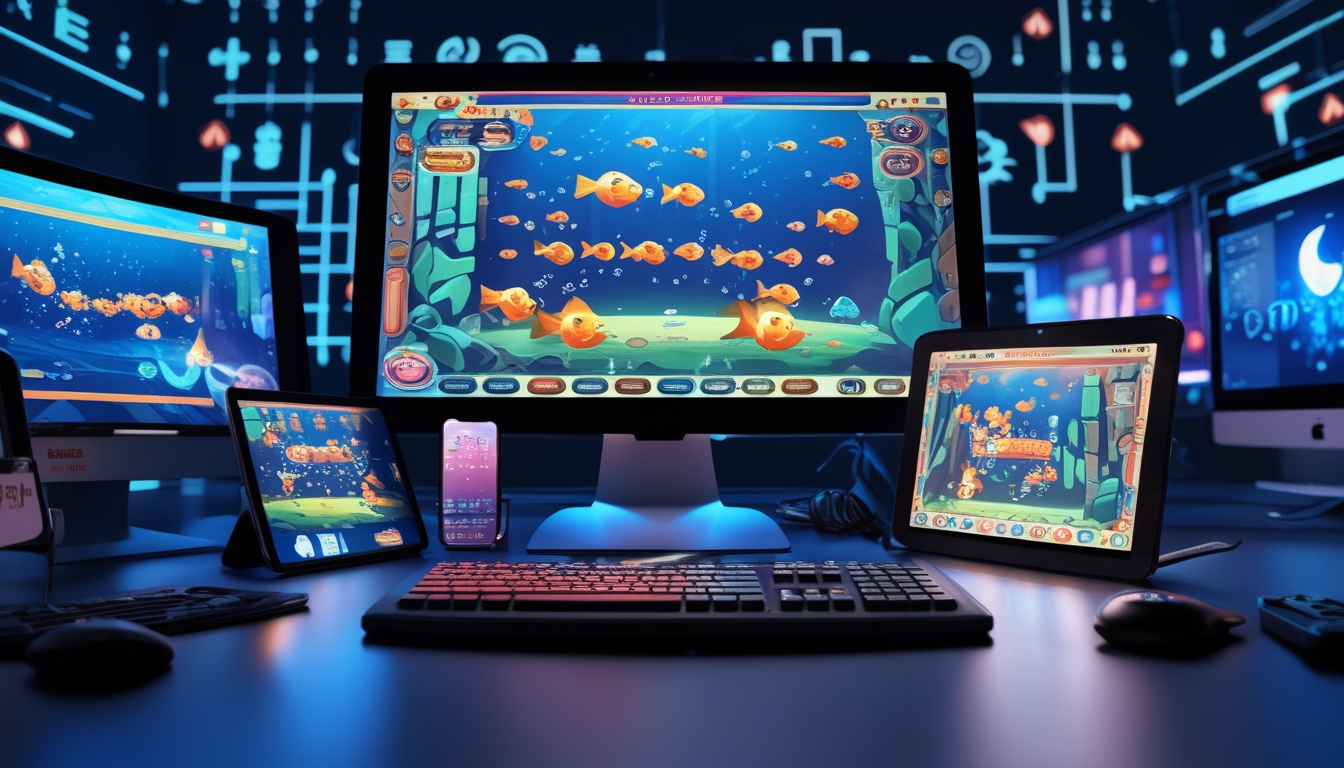 Sebuah setup permainan digital dengan layar komputer menampilkan game tembak ikan berwarna cerah, dikelilingi oleh perangkat digital seperti tablet dan ponsel.