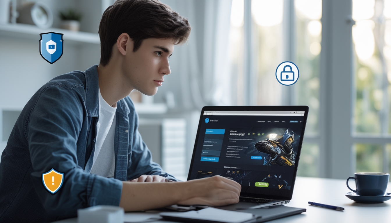 Seseorang duduk di meja dengan laptop, terlihat fokus memeriksa situs game online dengan suasana ruangan yang rapi dan terang.