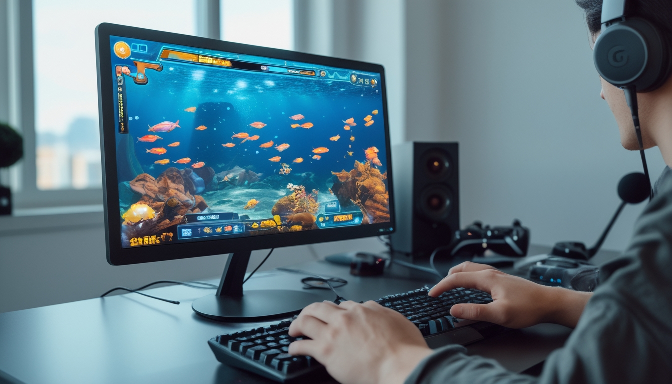 Seseorang sedang bermain game tembak ikan di komputer dengan layar menampilkan ikan berwarna-warni di bawah laut.