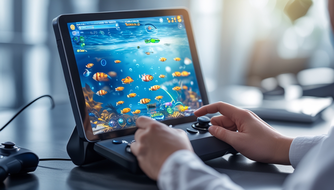 Seseorang sedang bermain game tembak ikan di layar komputer dengan gambar ikan berwarna-warni di dalam air.