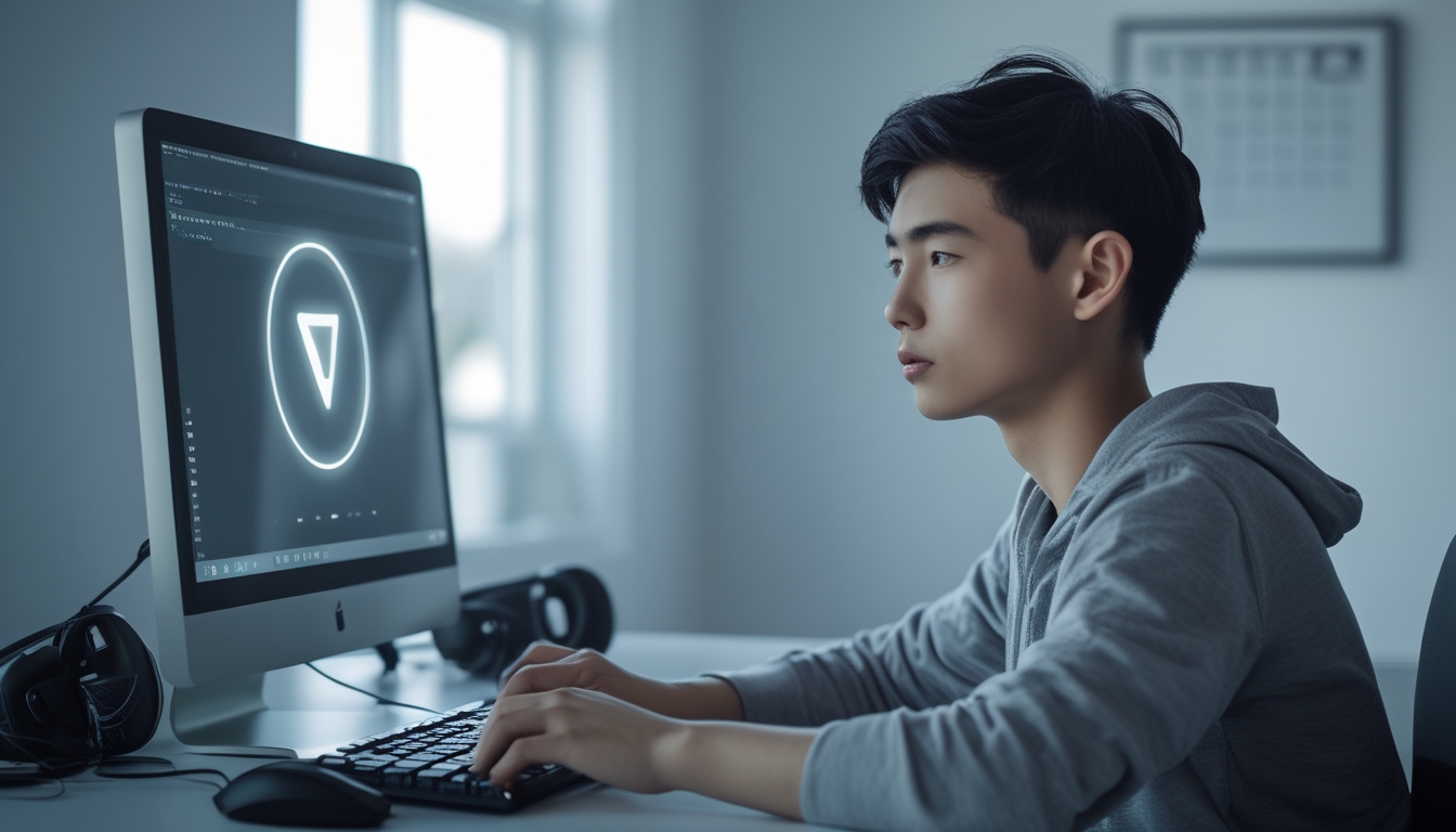Seorang dewasa muda duduk di meja dengan komputer dan peralatan game, terlihat fokus dan berhati-hati dalam bermain game online.