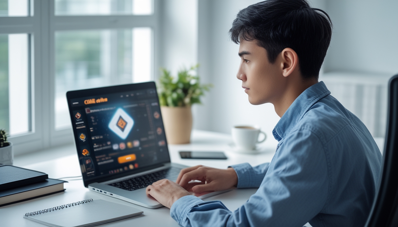 Seorang pemula sedang menggunakan laptop untuk bermain permainan kartu online di ruang kerja yang rapi dan terang.
