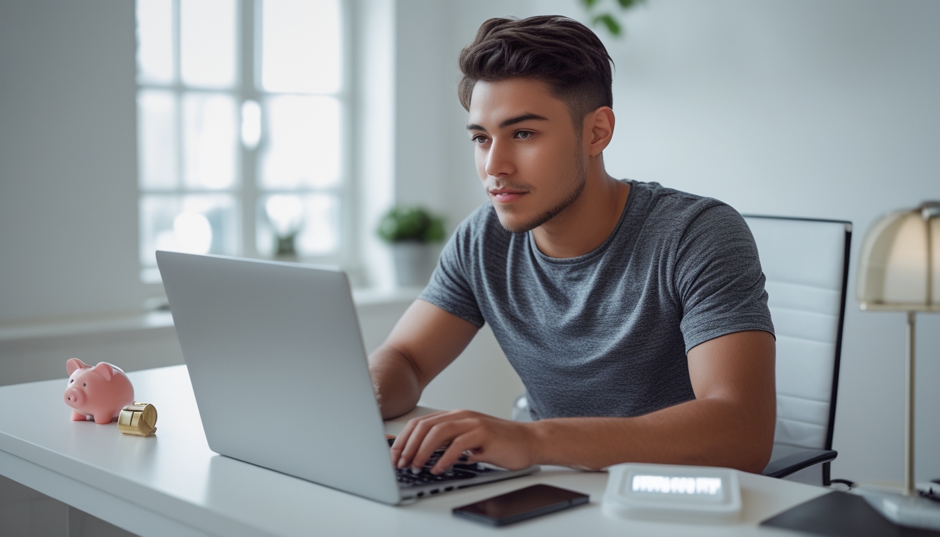 Seorang dewasa muda duduk di meja dengan laptop, fokus menggunakan platform online dalam suasana ruangan yang terang dan rapi.