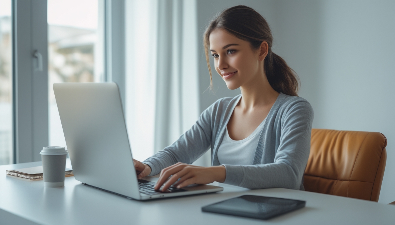 Seorang wanita muda duduk di meja dengan laptop terbuka, tampak fokus menggunakan platform permainan online di ruangan yang terang.