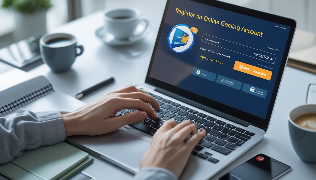 Seseorang sedang menggunakan laptop dan ponsel di meja kerja untuk mendaftar akun dan melakukan deposit online.