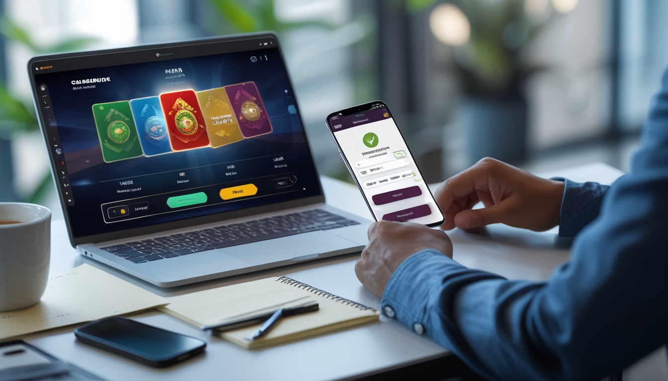 Seorang pengguna sedang menggunakan laptop dan ponsel untuk bermain permainan kartu online dan melakukan transaksi deposit di meja kerja yang rapi.