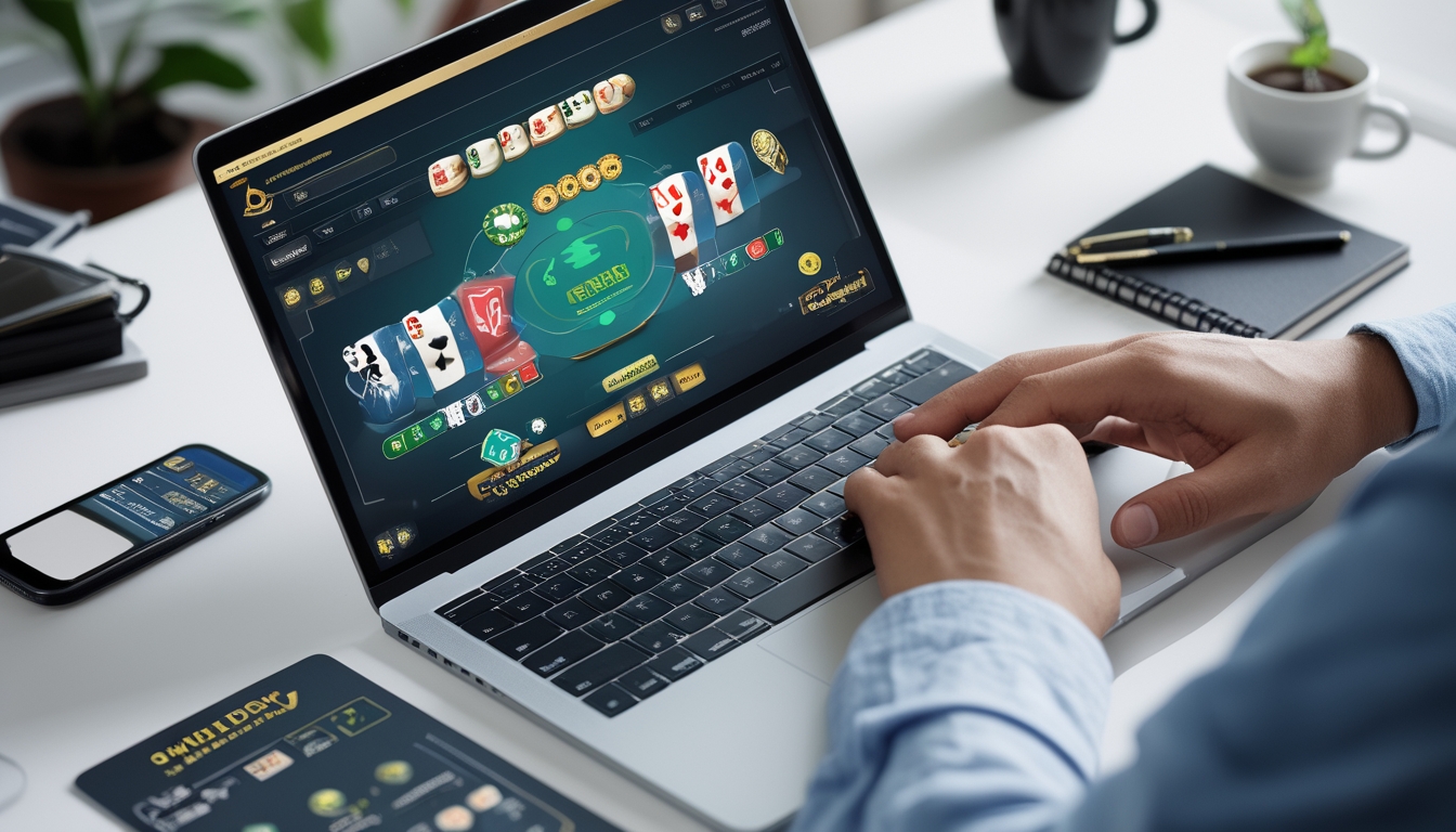 Seseorang sedang menggunakan laptop untuk bermain permainan ceme online dengan chip dan kartu terlihat di layar, di meja terdapat ponsel dan catatan strategi.