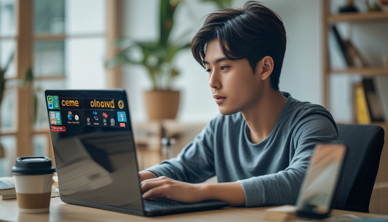 Seorang pemula bermain game kartu Ceme online di laptop di ruang kerja rumah yang nyaman dengan secangkir kopi di meja.