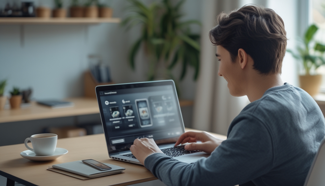 Seorang dewasa muda duduk di meja kerja dengan laptop, bermain permainan kartu online di ruangan yang nyaman dan terang.