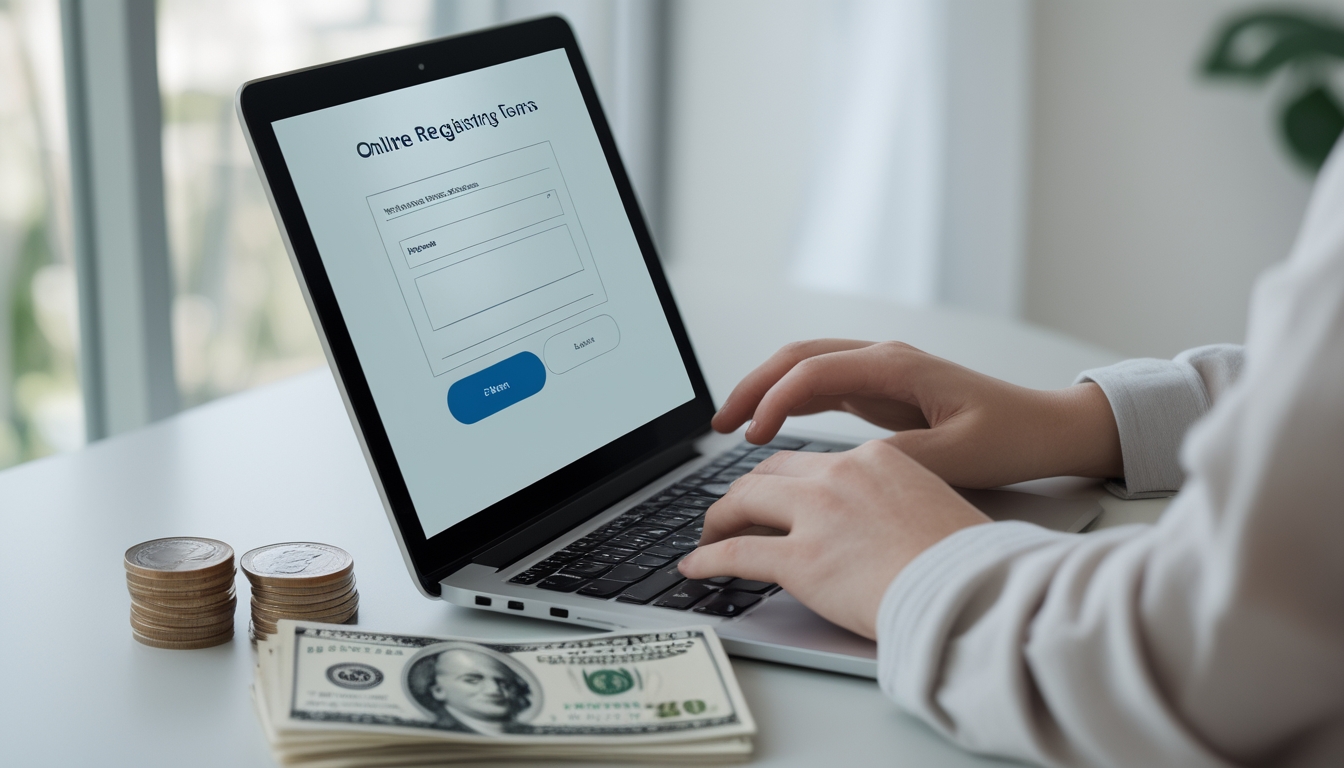 Seseorang menggunakan laptop di meja kerja dengan suasana yang rapi dan pencahayaan alami, menunjukkan proses pendaftaran online dan setoran mudah tanpa batas minimal.