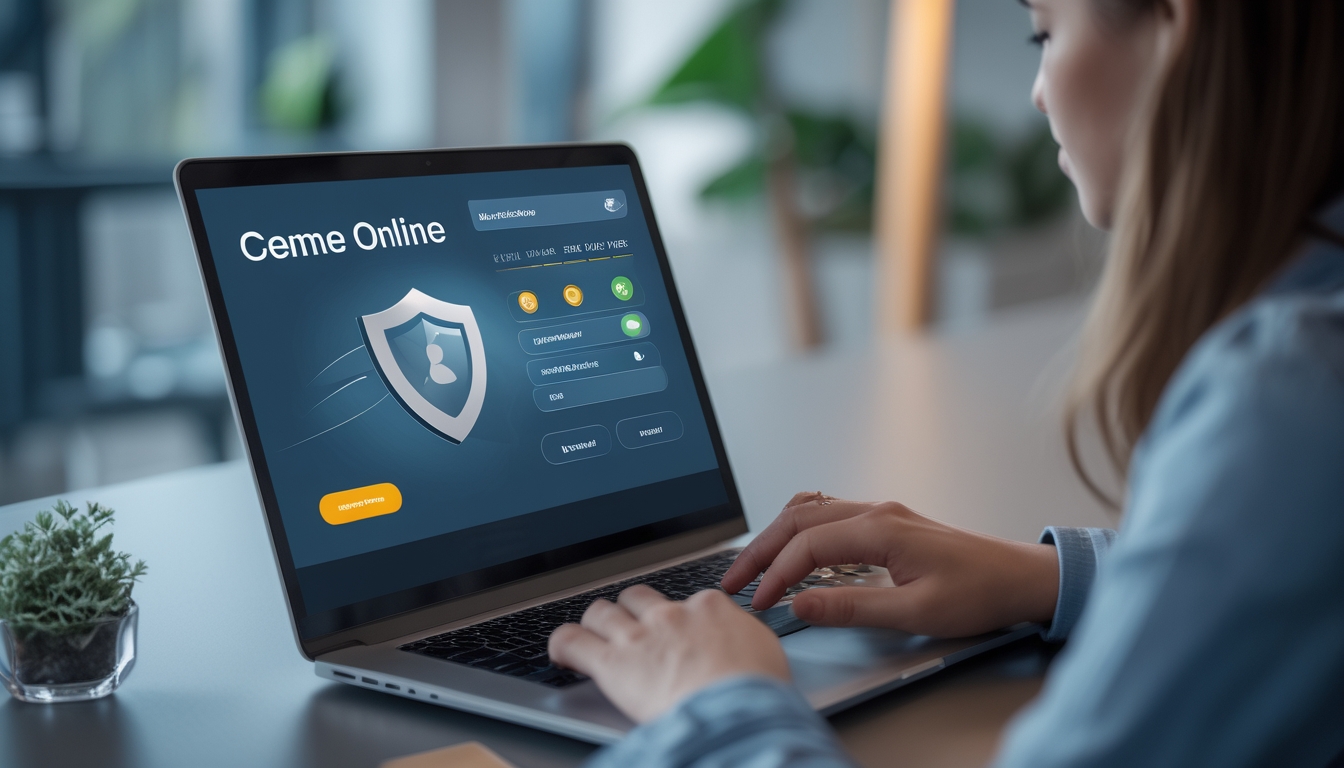 Seseorang menggunakan laptop di meja kerja modern dengan tampilan layar yang menunjukkan aktivitas permainan atau taruhan online yang aman dan terpercaya.